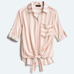 Vixbe Thompkins Tie Front Sheer Pink/Blush & White Striped Button Up Top Size L